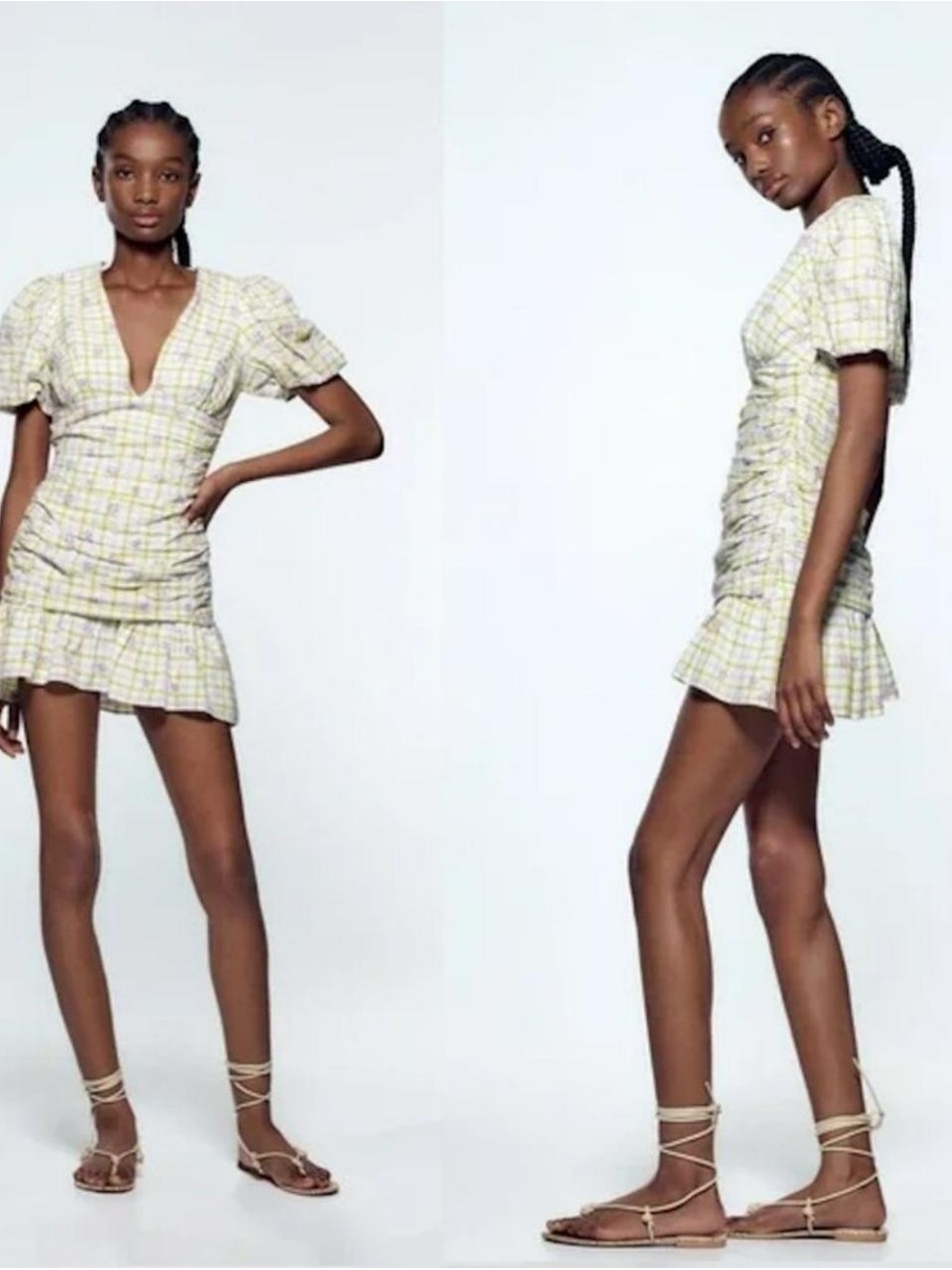 Zara Yellow Plaid Puff-Sleeve Mini Dress